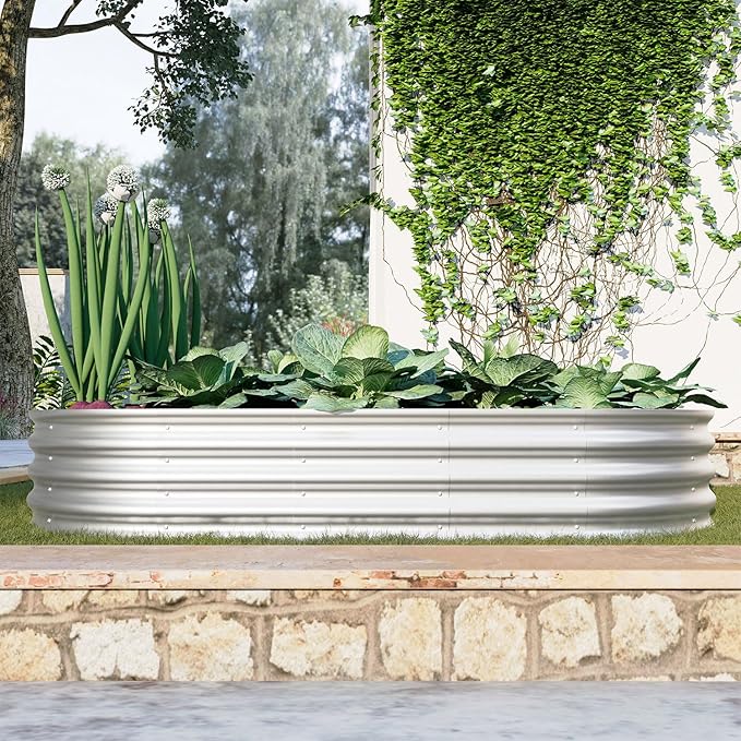 Galvanized Raised Garden Bed Kit Open-Bottom Metal Planter Box with Safety Edges Rust Resistant Easy Assembly Outdoor Vegetable &amp Flower Box Silver4x2x1ft
