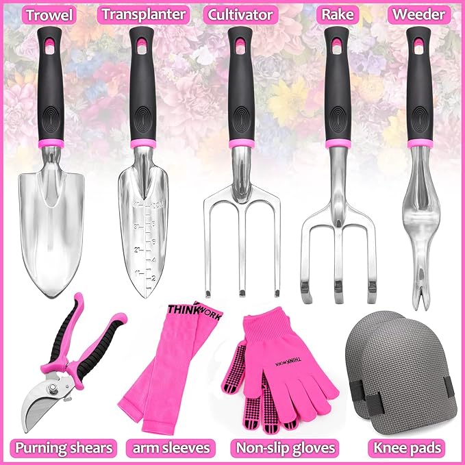 THINKWORK Pink Garden Tools Gardening Gifts for Women with 2 in 1 Detachable Storage Bag Trowel Transplanter Rake Weeder Cultivator Purning Shears and 3 Additional Protection Tools