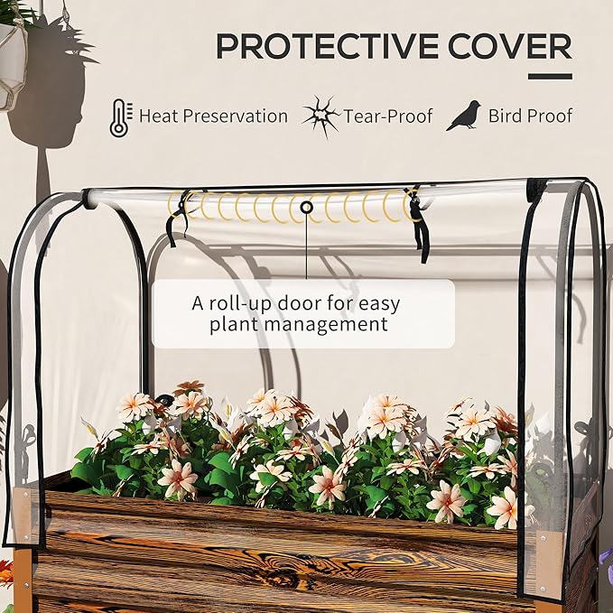 Outsunny Raised Garden Bed with Cover and Storage Shelf Rectangular Metal Elevated Planter Box with Legs and Bed Liner for Vegetables Flowers Herbs Dark Brown