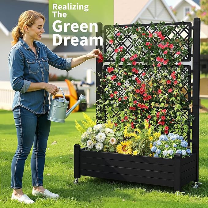 EasyUp Rolling Garden Planter Box with Trellis &amp Lockable Casters Outdoor Raised Bed with Drainage &amp Water Gauge Durable Resin for Patio Balcony Yard Dust-Proof (Black 43.43 * 18.27 * 64