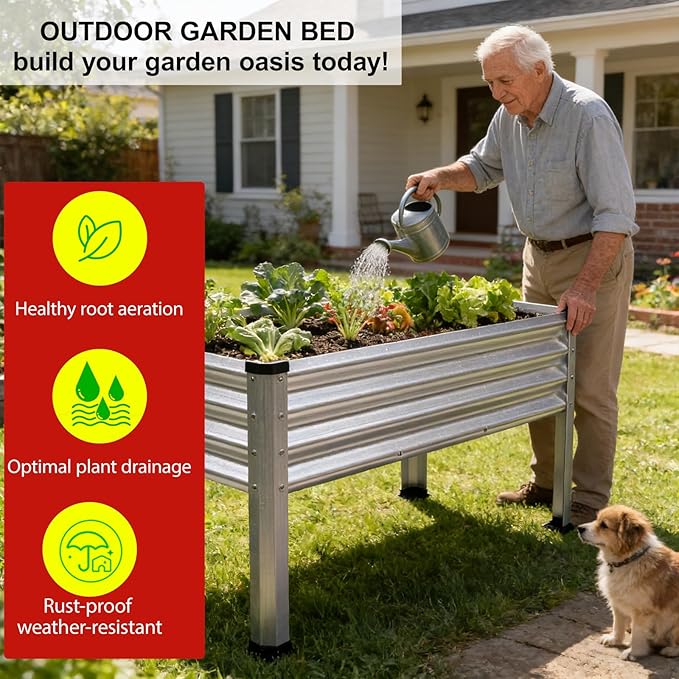 Large Galvanized Raised Garden Bed Outdoor with Legs Load Capacity 1200LB 48x26x30in Metal Elevated Raised Planter Box for Backyard/Patio/Balcony/Gardening/Vegetables Flowers Sliver