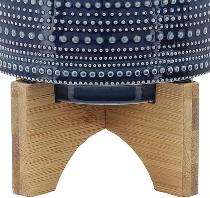 5 Dotted Planter W Wood Stand Blue