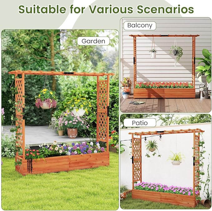 S AFSTAR 2 Pieces Raised Garden Beds with Arch Trellis Hanging Roof &amp Drainage Holes 77-Inch Vertical Plant Container for Vine Climbing Plant Flower Outdoor Wood Elevated Planter Box for Garden