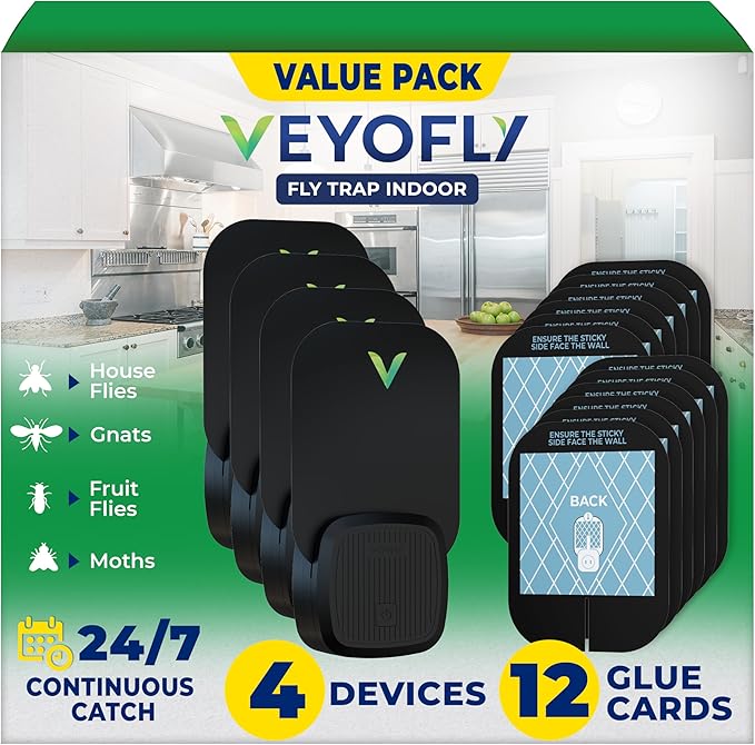 VEYOFLY Fly Trap Indoor Fruit Fly Traps for Indoors (4 Device + 12 Refills) Gnat Traps for House Indoor Fly Catcher Indoor Plug in Light Flying Insect Trap Bug Light Killer Fly Trap