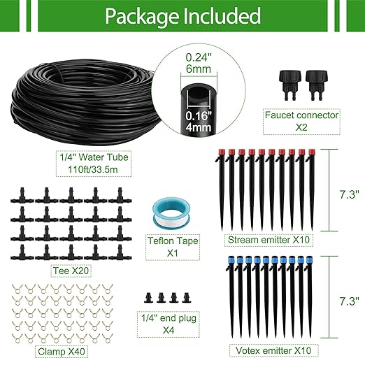 110Ft DIY Irrigation System with Drip Vortex Watering Sprinkler Nozzles 1/4 Garden Misting System with Hose Tubing Connectors Clamps Drip Emitters for Greenhouse Patio Lawn Raised Bed Outdoor