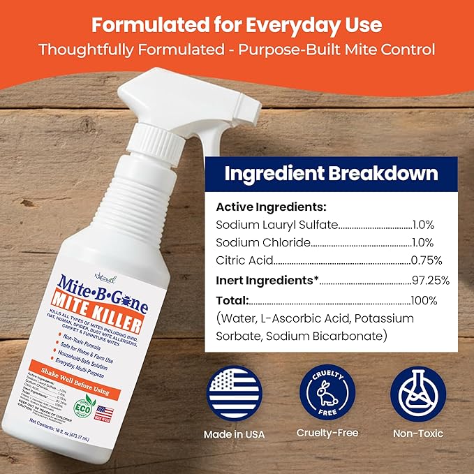 Dust Mite Killer Spray by Mite-B-Gone 16oz | Naturally Kills Human Mites Chicken Bird Dust Spider Rat Turkey Carpet Mites | Family &amp Pet Safe Treatment for Homes Furniture Bedding &amp F