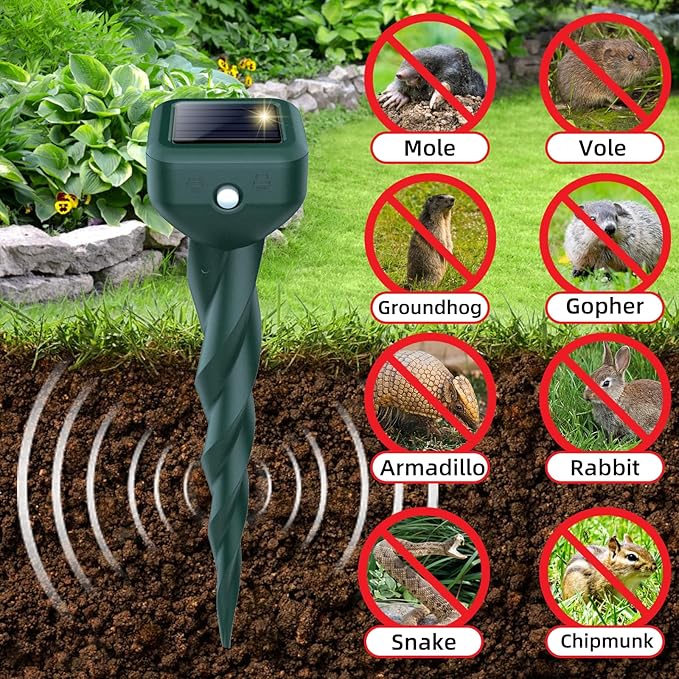 Mole Repellent Solar Powered 4 Pack Snake &amp Rabbit Repellent for Yard IP 65 Waterproof Ultrasonic Deterrent Stakes Get Rid for Armadillo Gopher Vole Chipmunk Deer Groundhog for Lawns Garde
