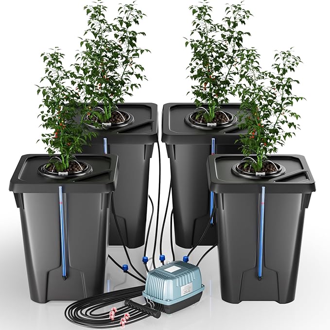 4 Buckets DWC Hydroponics Growing System with Top Drip Kit 7 Gallon Deep Water Culture Bucket System with Air Pump Air Stone Air Hose Recirculating Drip Garden System