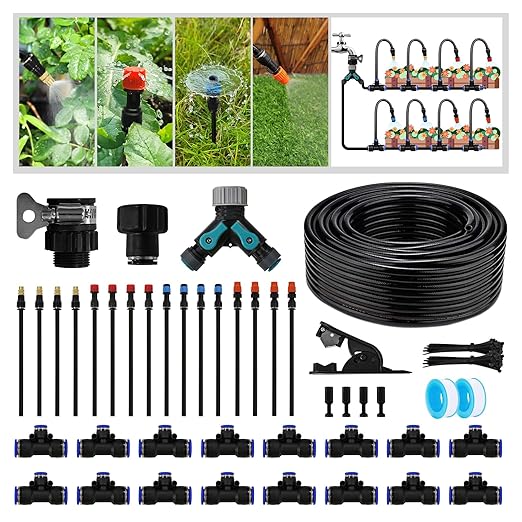 100-Foot Drip Irrigation System - 16 Copper Nozzles + T-Connectors for Gardens Lawns Plants and Hydroponics - Quick-Connect Watering Kit