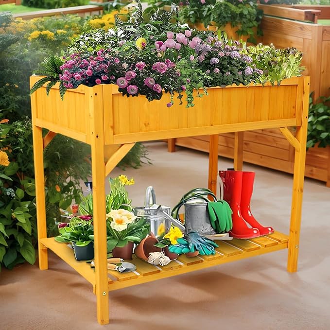 Elevated 8 Pocket Herb Garden BedWooden Standing Planter Box with Legs and Storage Shelf Patio Raised Garden Bed for HerbsVegetablesFlowers (Natural Wood 36 Inch)