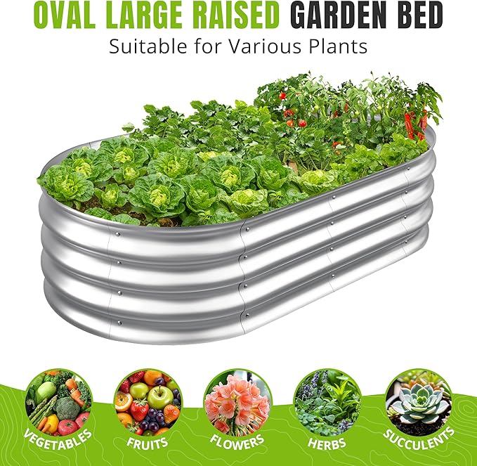 Sponvatt Raised Garden Bed - Outdoor Galvanized Raised Garden Bed Planter Boxes Large Oval Metal for Gardening Planter Box KitSuitable for VegetablesHerbs and Flowers Silver (6x3x1 Ft)