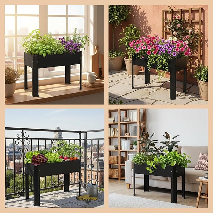 Raised Garden Bed with Legs 24×10.8×18 in Metal Elevated Raised Planter Box with Drainage Holes for Backyard Patio Balcony 80 lb Capacity - Black