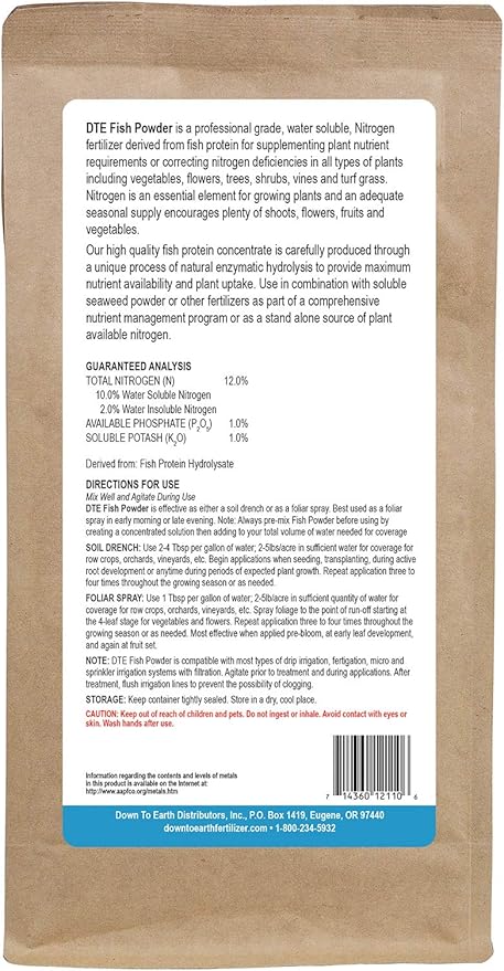 Down to Earth All Natural Fertilizers Organic Solution Grade Fish Powder - Water Soluble Nitrogen - Makes up to 250 Gallons of Liquid Fish Fertilizer for Soil or Foliar Spray 12-1-1 5 lb