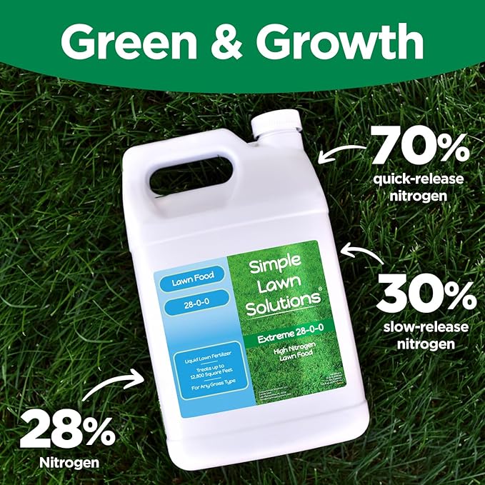 Maximum Green &amp Growth Fertilizer High Nitrogen 28-0-0 Lawn Food Liquid Fertilizer- Spring &amp Summer- Any Grass Type- Simple Lawn Solutions - Concentrated Quick &amp Slow Release Blend (1 Gall