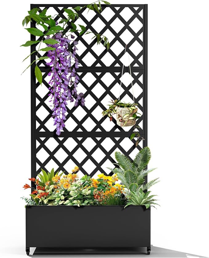 Metal Raised Garden Bed with Trellis for Climbing Plants Vegetable VinesMetal Planter Box with Trellis 73x35x16Trellis with Planter Box &amp Privacy ScreenRaised Garden Bed On Wheels(Black)