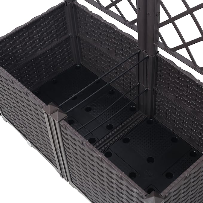 Brown Poly Rattan Trellis Raised Bed with Drainage Plug - 2 Removable Pots &amp Large Flower Boxes for Climbing Plants Outdoor Patio Garden