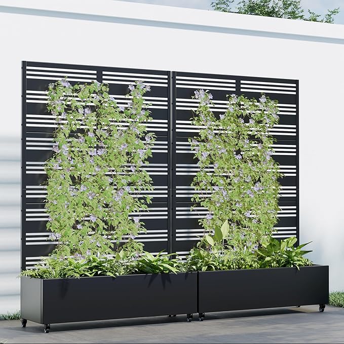 Casaphoria 72x47 Metal Raised Garden Bed with Trellis(2 Pack) Outdoor Planter Box with Wheels &amp Drainage Holes for Climbing Plants Flowers Elevated Garden Kit with Privacy Screen Black-Harol