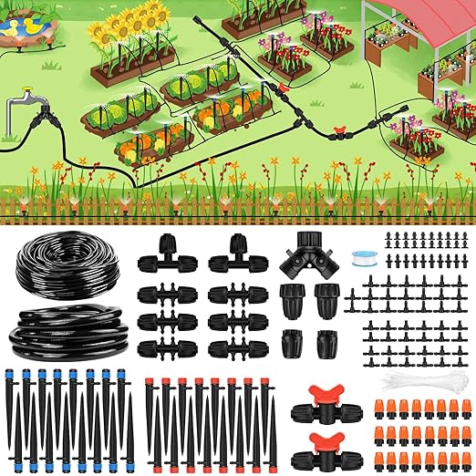 230FT Drip Irrigation System Kit Quick-Connect Automatic Garden Watering Misting System for Greenhouse Flower Beds Yard Lawn Patio Plant with 1/2 Inch Hose 1/4 Inch Distribution Tubing and Accessories