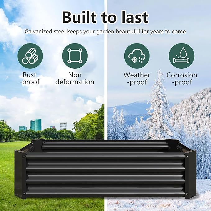 Raised Garden Beds Outdoor for Gardening 4×2×1ft Galvanized Rectangular Plastic Raised Planter Garden Box for Fruit Vegetables Herbs Flowers Growing Bed for Lawn Patio Balcony Black