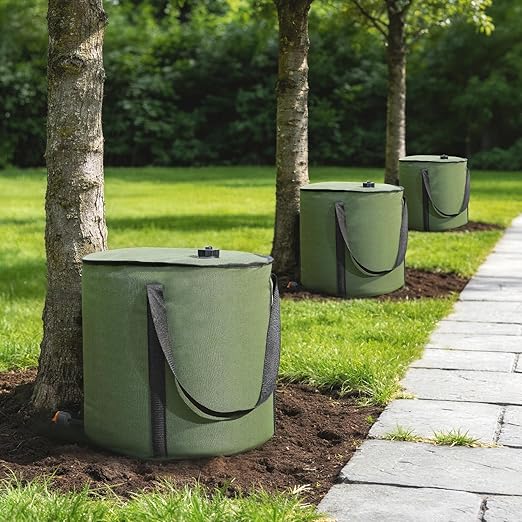 HIRALIY 15 Gallon Cylindrical Tree Watering Bag 2 Pack Slow Release 1-5 Days Deep Root &amp Automatic Drip Irrigation System for Multi-Trunk Newly Planted Small Trees and Shrubs