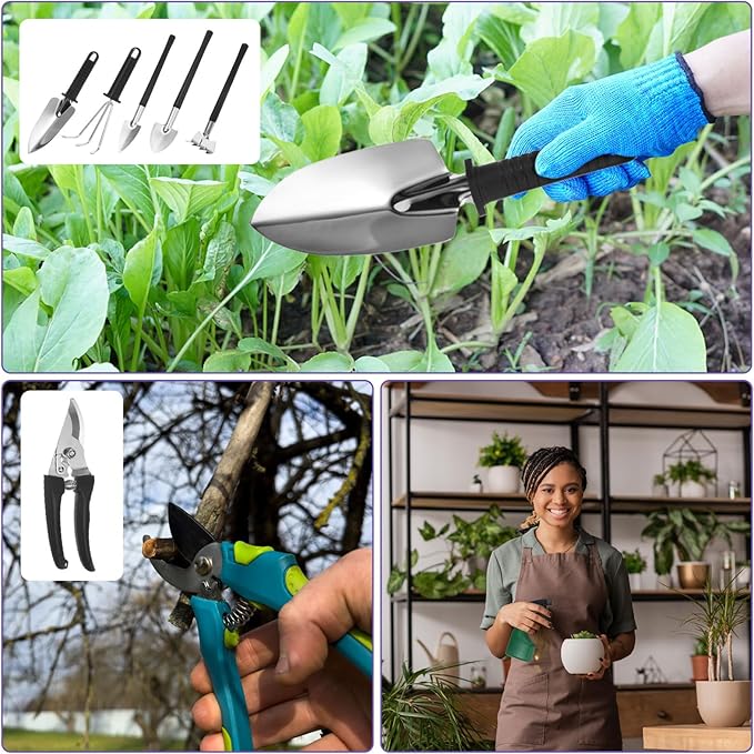 HARFINGTON 1 Set Garden Tool Set 10 Pieces Plastic Gardening Planting Tools Kits with Shovels Rake Scissor Trimmer Water Sprayer and Store Case Black