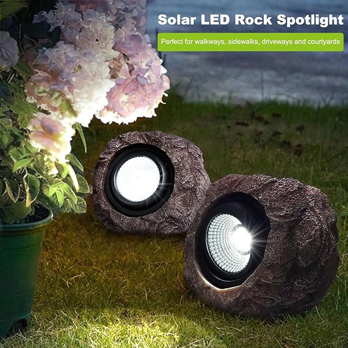 Solar Rock Lights Outdoor Garden Waterproof - Super Bright LED Solar Spotlights Solar Powered Landscape Path Decorative Garden Stone Lights for Pathway Walkway Yard Patio (2 Pack)