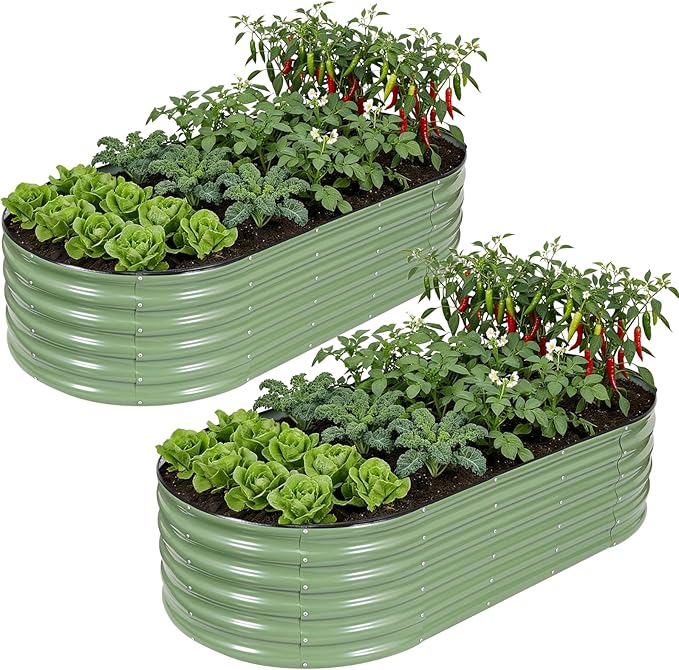 Galvanized Raised Garden Bed Outdoor 6x3x1.4ft Oval Metal Raised Beds for Gardening Rust-Resistant Garden Planter Box for Planting Vegetables Flowers Fruits in Lawn(Olive Green 2 Packs)