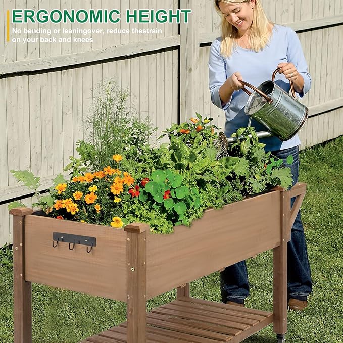 Raised Garden Bed with Wheels Wood Elevated Garden Box with W-Connection Tabsfor Vegetable Flower Herb Large Storage Shelf Easy to Assemble 55.5x24x32in