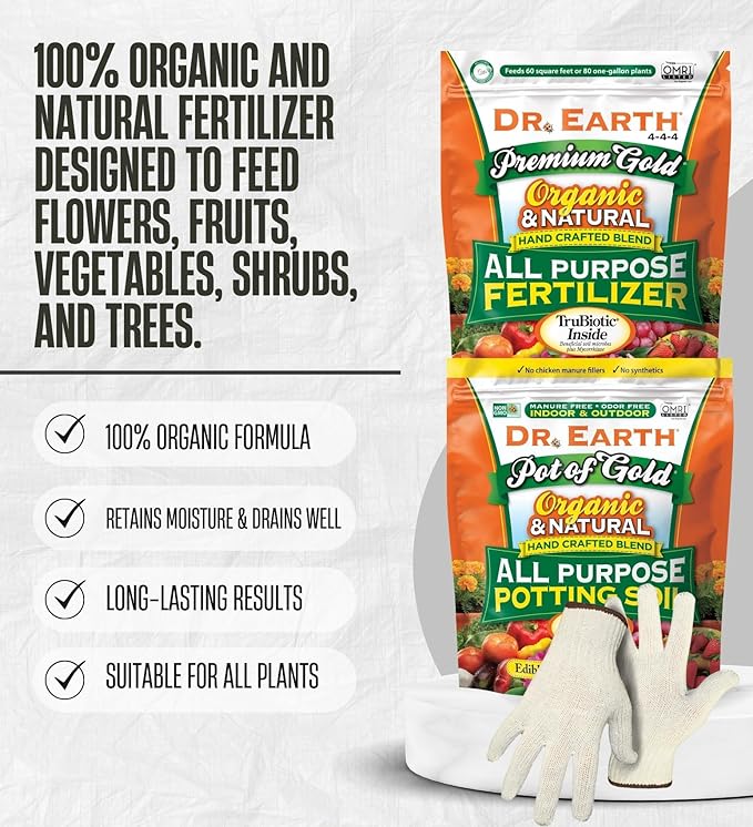 Dr. Earth Organic Fertilizer Flowers/Fruits/Vegetables Bundle with Organic All Purpose Potting Soil + Work Gloves – Gift Set (3 Items)