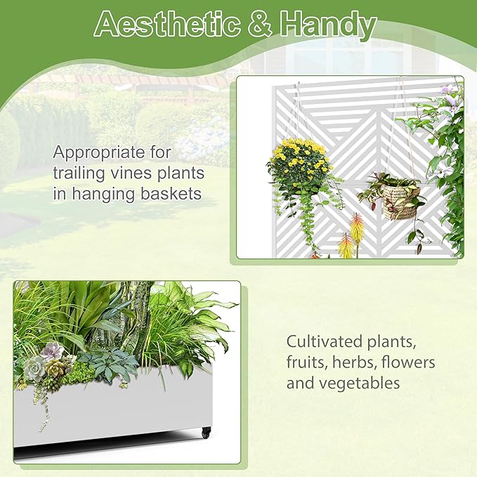 Raised Garden Bed with Trellis and Wheels73x47x16 Metal Raised Garden BedWhite Diamond Metal Planter with Climbing Trellis for Vines &amp Vegetables