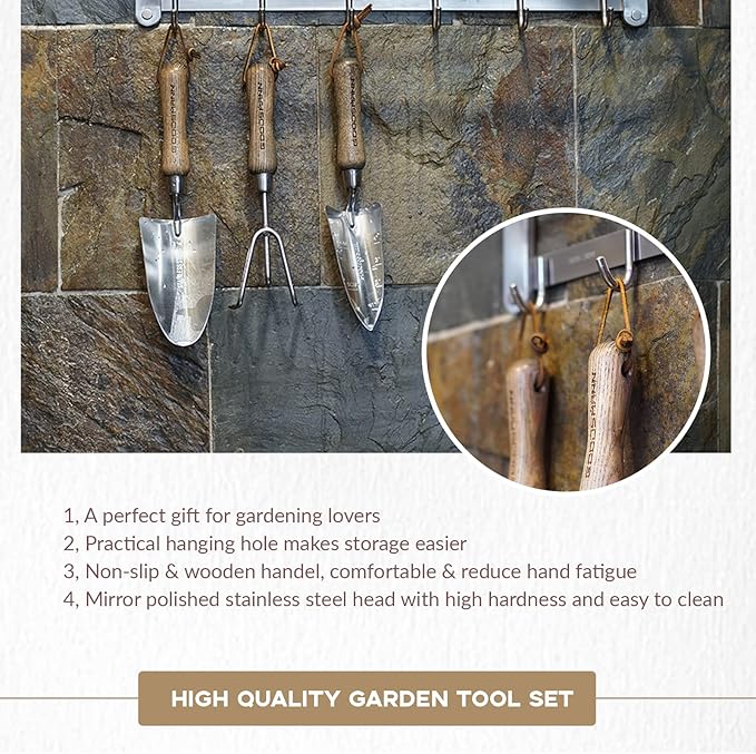 Gardening Stainless Steel Tool Set 3 Piece Includes Stainless Steel Trowel Hand Transplanter and Handheld Triple Claw Rake for Transplanting Digging Weeding Cultivating by GOODSMANN