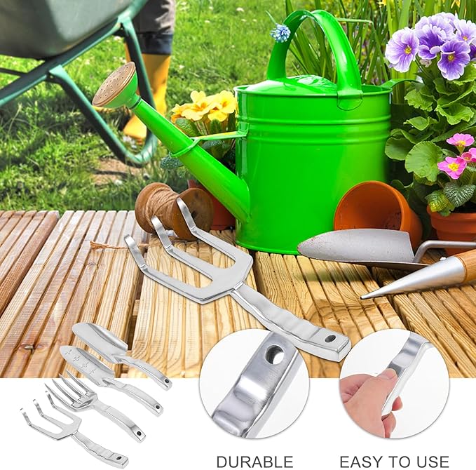 Garden Shovel and Rake Tool Set for Outdoor Gardening Small Horticulture Shovel with Measurement Markings 3-Prong Rake 4-Tine Cultivator for Planting and Soil Loosening