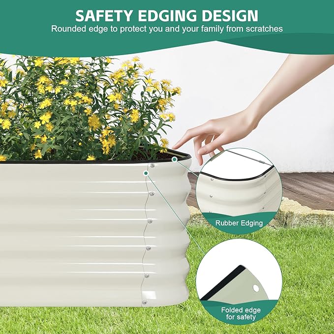 5 in 1Galvanized Raised Garden Bed - 8x3x1.4ft Modular Garden Planter Bed Outdoor | Steel Raised Bed Kit with Bracing Rods Gloves for Gardening Vegetables Fruits and Flowers - White