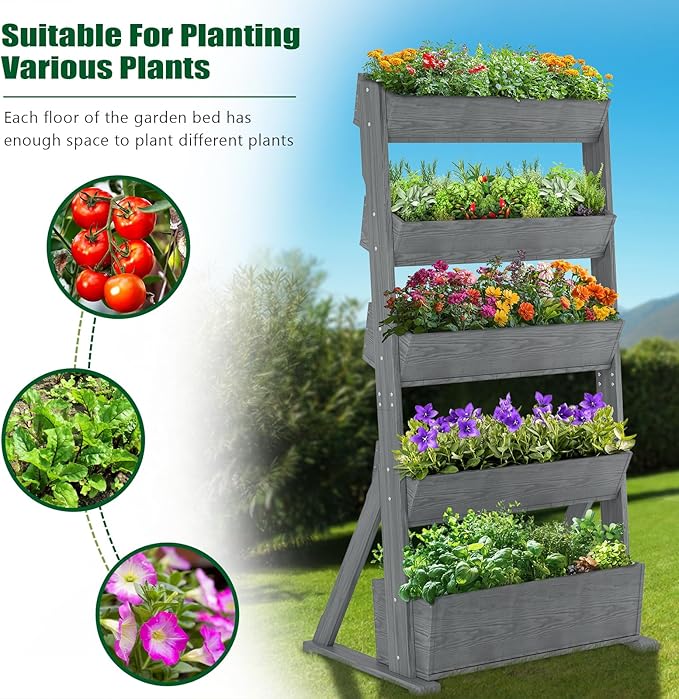 SUNYRISY 5 Tiers Vertical Raised Garden Bed Outdoor Planter Tower Wooden Freestanding Planter Box for Planting Herbs Flowers Vegetables Backyard Patio Balcony Indoor Outdoor Gardening Grey