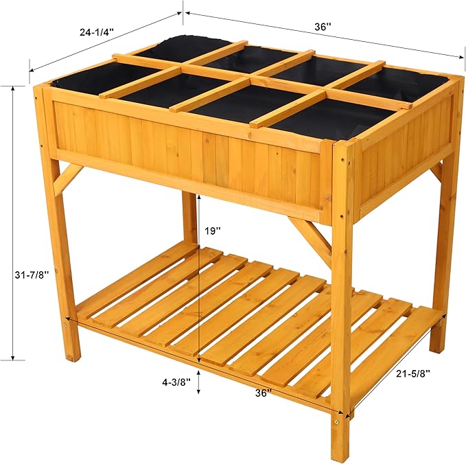 Brown Wooden Raised Garden Bed with Legs - Elevated Planter Box Featuring 8 Grids Divider &amp Protective Liner for Vegetables Flowers Herbs on Deck Patio Backyard