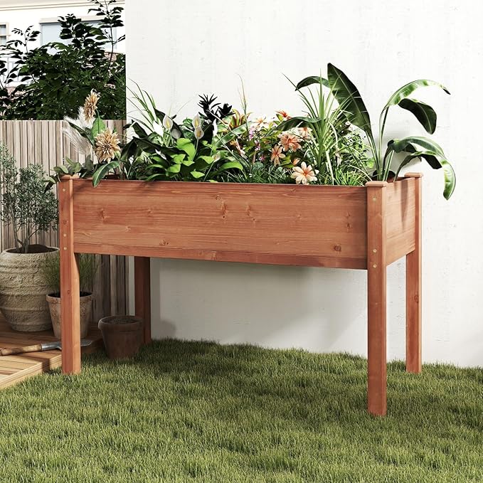 Donext 48 Inch Raised Garden Bed 30 Height Solid Wood Planter Box with Bed Liner 300lb Capacity Elevated Gardening Box(Brown)