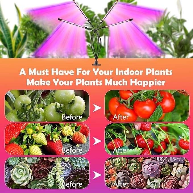 Grow Lights for Indoor Plants80 LED Plant Lights with Full Spectrum &amp Red Blue Spectrum 10 Dimmable Level 3/9/12H Timer3 Switch Modes Adjustable Gooseneck4 Heads Clip-On