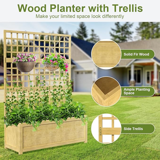Raised Garden Bed with Trellis Freestanding Wood Planter Box w/Drainage Holes for Vine Climbing Plants Flowers Elevated Garden Box Outdoor Planter with Trellis for Patio Balcony