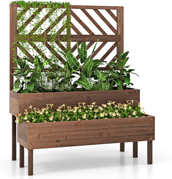 Raised Garden Bed with Trellis &amp 2 Planter Boxes 2-Tier Outdoor Wooden Elevated Planter Box with Legs &amp Drainage Holes Gardening Planters for Flowers Herbs Vegetables &amp Fruits(Brown)