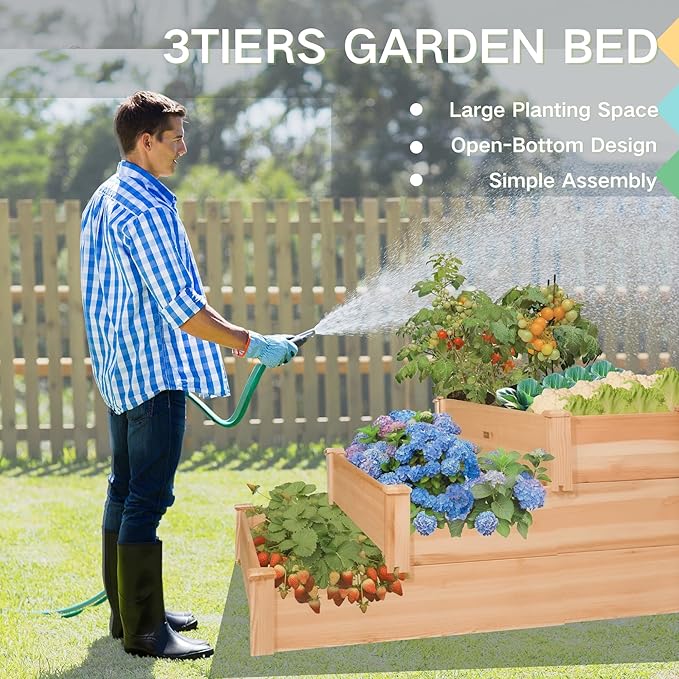 3-Tier Raised Garden Bed with Fabric Liner Wood Elevated Planter Box with Dovetail Joint Design 3 Dividable Bed Kit for Vegetables/Herbs/Flowers Outdoor Gardening for Patio Lawn Balcony