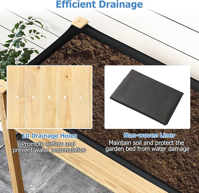 Raised Garden Bed 47 x 22.5 x 30 Elevated Planter Box w/Legs &amp Drainage Hole Wooden Planter Raised Bed for Vegetables Flowers Herbs Perfect for Outdoor Gardening Backyard Lawn Natural