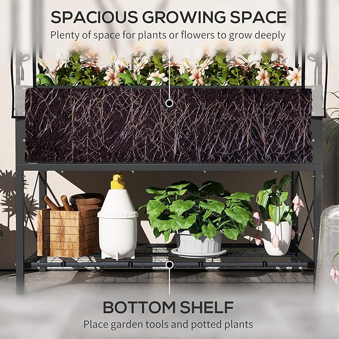 Outsunny Raised Garden Bed with Cover and Storage Shelf Rectangular Metal Elevated Planter Box with Legs and Bed Liner for Vegetables Flowers Herbs Dark Gray