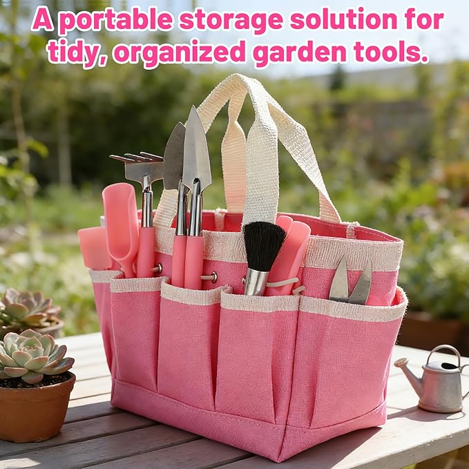 44pcs Small Gardening Tools Gifts for Women Beginners - Garden Hand Tools Set for Indoor Succulent Bonsai Plants Transplanting Included Bag/Repotting Mat/Shovel/Labels Pink