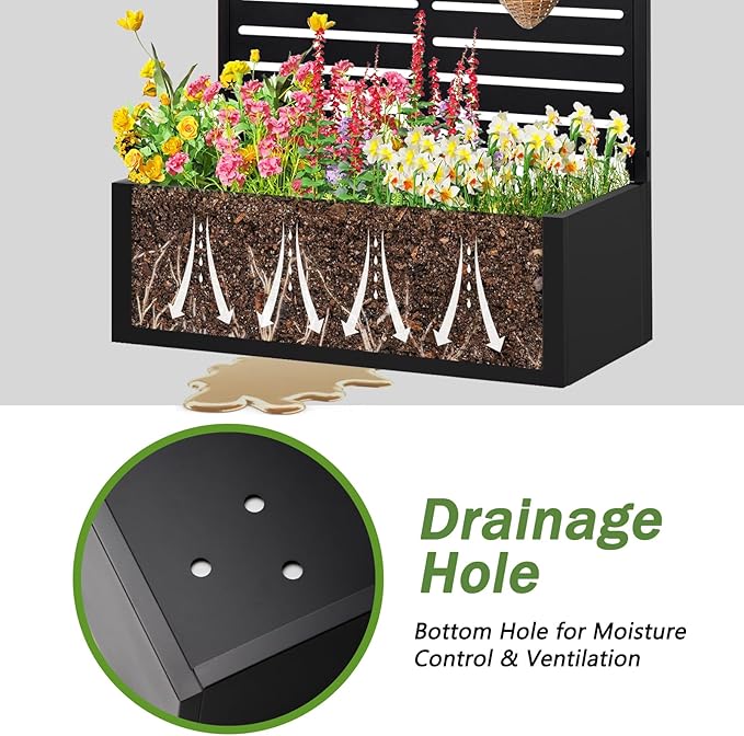 Metal Raised Garden Bed with TrellisPlanter Box for Climbing Plants Vegetables &amp Vines Features Drainage Holes and Privacy Screen.raised garden beds outdoor planters for porch (Black 71x35x1