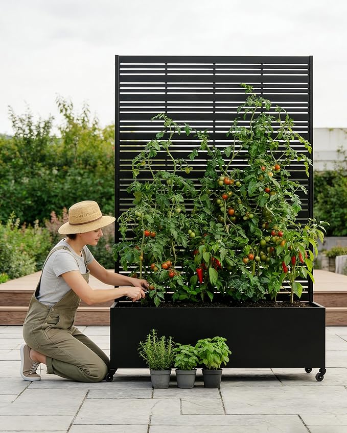 Metal Raised Garden Bed with Trellis 73×47×16 Privacy Screen Planter Box on Wheels — 61 lbs Won't Blow Over Rust-Proof Louvered Design for Climbing Plants Patio Deck Balcony - Black