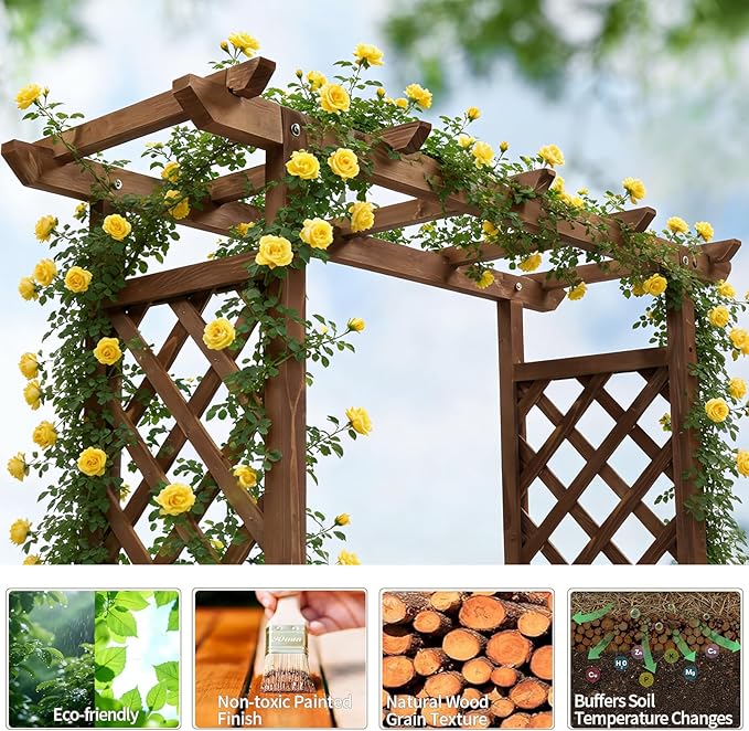 VINGLI Raised Garden Bed with Trellis &amp Hanging Roof Wooden Garden Bed Outdoor Planter Box for Yard Garden Balcony (Carbonized Wood Color Medium)