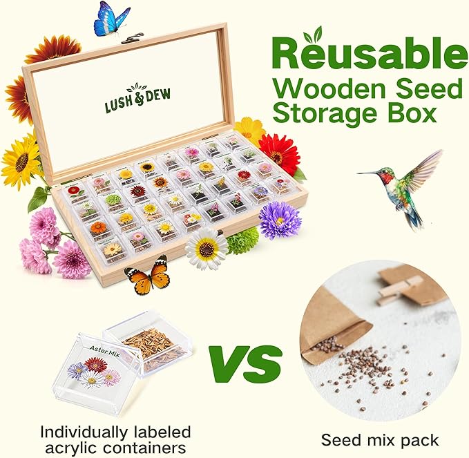Lush&ampDew Cut Flower Seed Bank Gardening Gifts for Mom Women 32 Varieties Non-GMO Annual &amp Perennial Wildflower Seeds for Planting in Raised Garden Bed Home Garden Zinnia Sunflower Zone 3-1