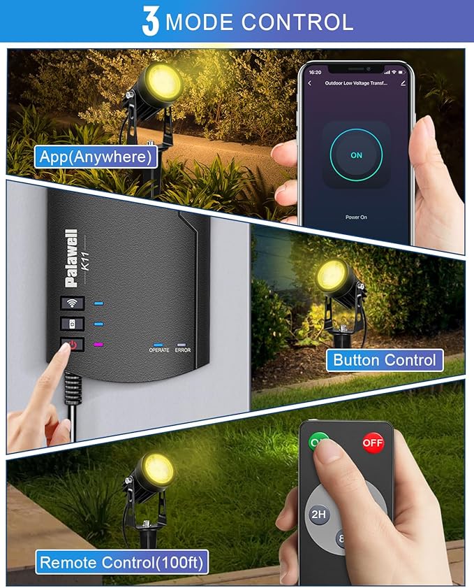 8-Pack Low Voltage Landscape Lighting Kit with WiFi 72W Transformer 3W LED Spotlights with 65ft Cable App and Voice Control 3000K Warm White 12-24V IP65 Outdoor Pathway Uplights