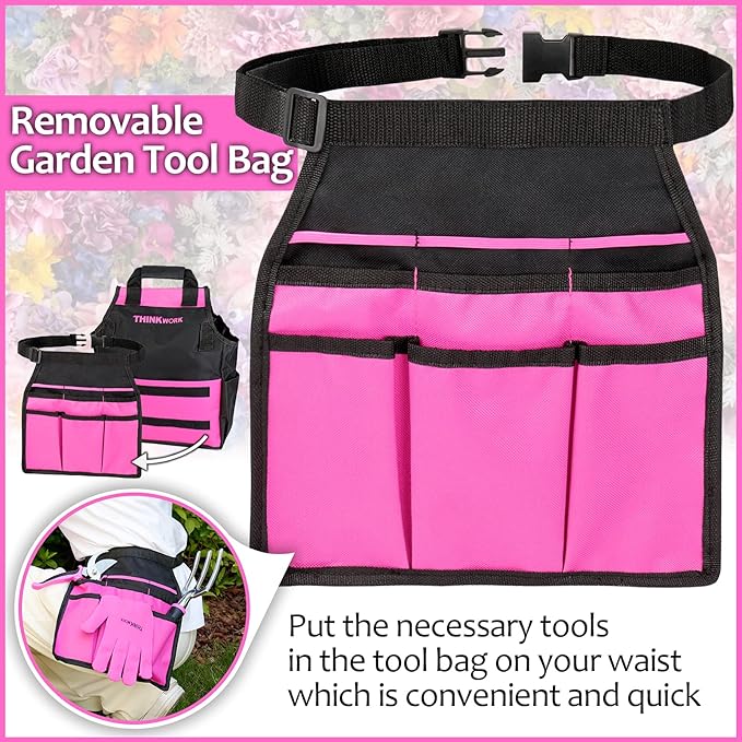 THINKWORK Pink Garden Tools Gardening Gifts for Women with 2 in 1 Detachable Storage Bag Trowel Transplanter Rake Weeder Cultivator Purning Shears and 3 Additional Protection Tools