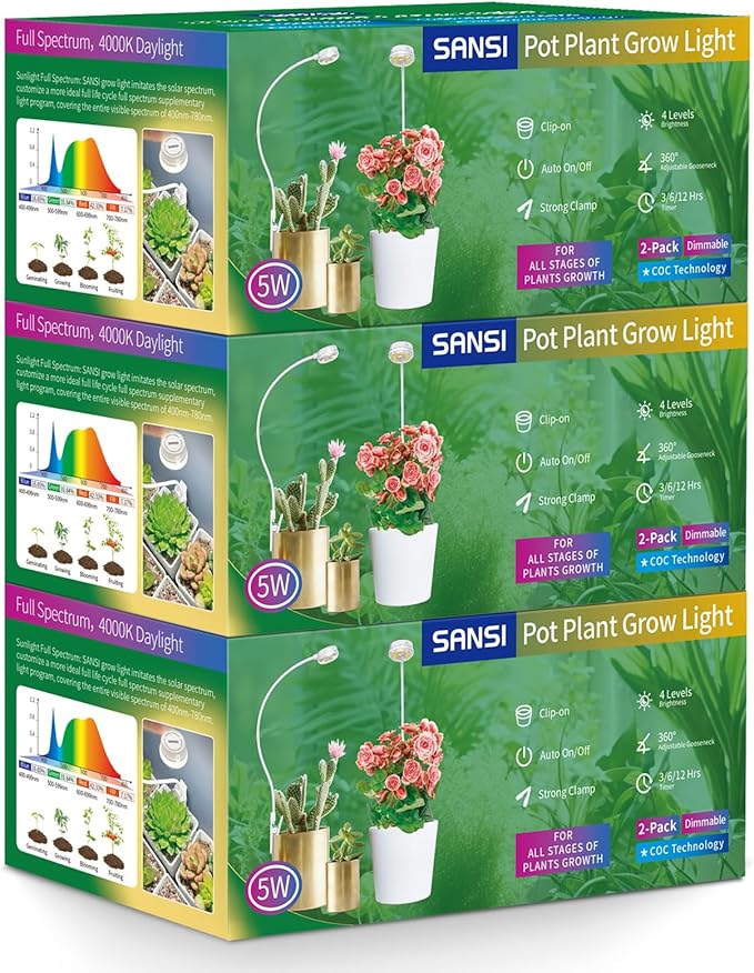 SANSI Grow Lights for Indoor Plants LED Pot Clip Plant Light for Growing 4000K Full Spectrum Plant Growing Lamp with 4-Level Dimmable Auto On Off Timing 3 6 12 Hrs for Small Plants White 5V